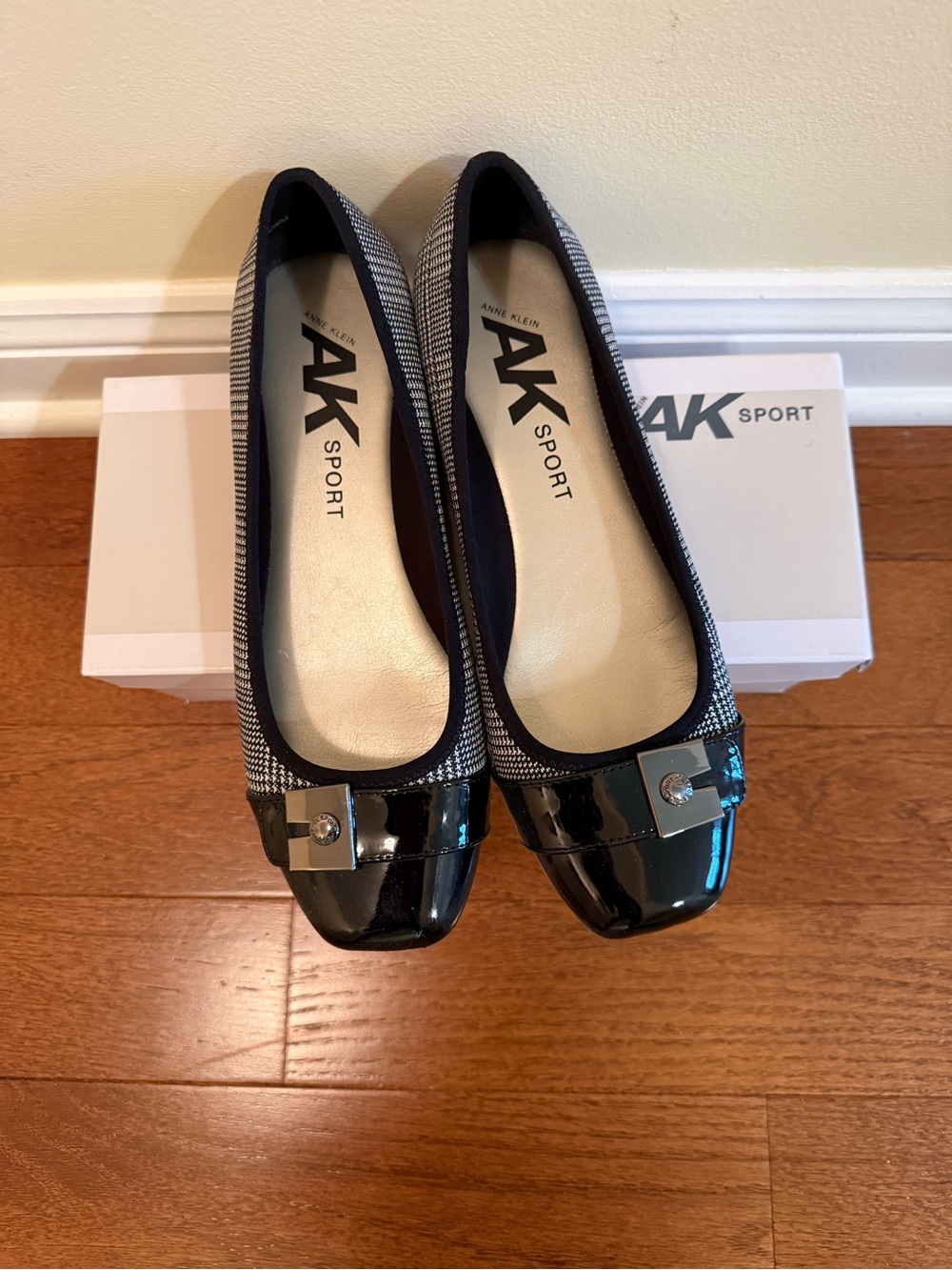 Anne Klein Sport Black and Gray Plaid Square-Toe Flats